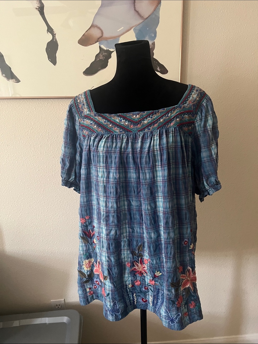 JOHNNY WAS Blue Plaid Embroidered Aimee Puff Sleeve Peasant Top Women's LARGE - Picture 4 of 8
